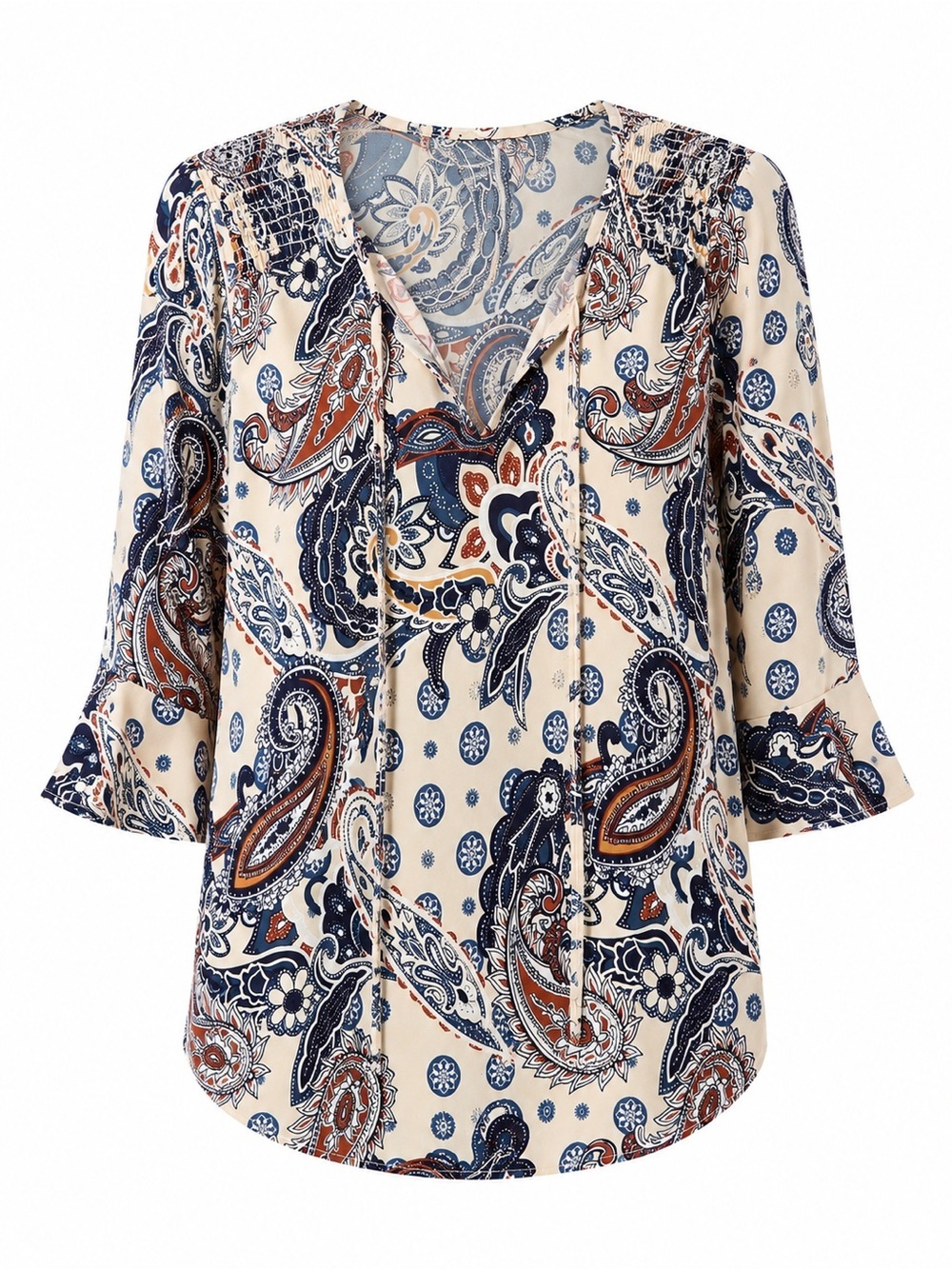 Another Reason Paisley V-Neck Women's Top in Cream and Navy